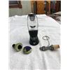Image 3 : Two crystal wine glasses + wine accessories: an aerator, 2 stoppers (1 pewter) + 6 glass identifiers