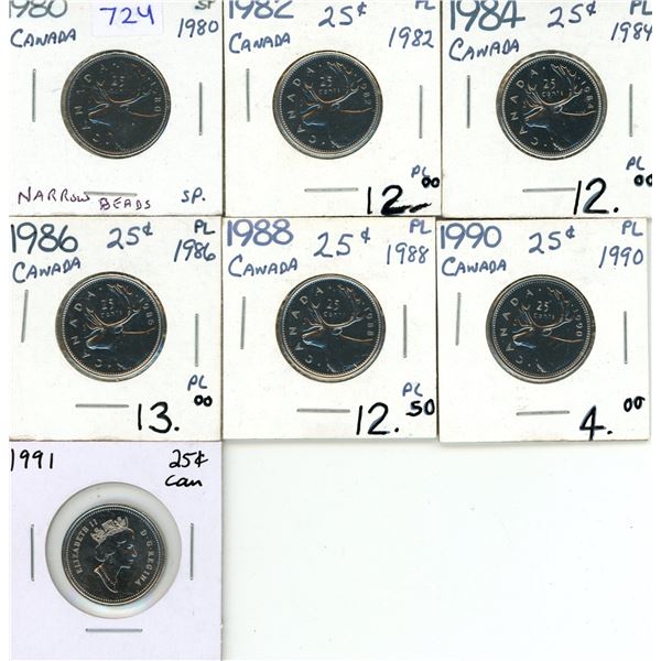 1980, 1982, 1984, 1986, 1988, 1990 and 1991 Canadian Twenty Five Cents.