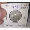 Image 1 : 1967 Diving Bobcat Silver 25 Cents. Die Rotation so it appears that the Bobcat is Diving. EF-40. Sca