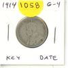 Image 1 : 1914 Canadian Silver 25 Cents. Issued the first year of World War I. Key Date. G-4.