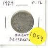 Image 1 : 1929 Canadian Silver 25 Cents. Issued the first year of the Great Depression. F-12.