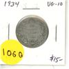 Image 1 : 1934 Canadian Silver 25 Cents. Key Date. VG-10.