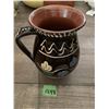 Image 1 : artisan signed primitive brown and clay pitcher - decorated wiht hand painted traditional scandi des