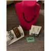 Image 1 : wood accessories set. necklace is glass and metal, tri metal earrings, and a bling braclet new never