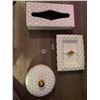 Image 1 : White ceramic tray, covered container and tissue holder - accented with gold
