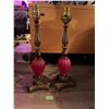 Image 1 : Pair of red glass and brass living room lamps - 18 in