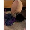 Image 1 : Cream modifies pill box hat, black velvet cocktail hat embossed with stones, 1960 pot purple gloves,