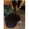 Image 1 : Vintage navy knit Calvary hat, green heavy knit with shaping, leather and fur hat. The fur fits smal
