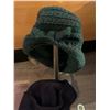 Image 5 : Vintage navy knit Calvary hat, green heavy knit with shaping, leather and fur hat. The fur fits smal