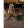 Image 1 : Open brass container, flower tea light holder, a linen and two brocade lampshades with beading on th