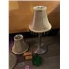 Image 2 : Open brass container, flower tea light holder, a linen and two brocade lampshades with beading on th