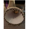 Image 3 : Open brass container, flower tea light holder, a linen and two brocade lampshades with beading on th