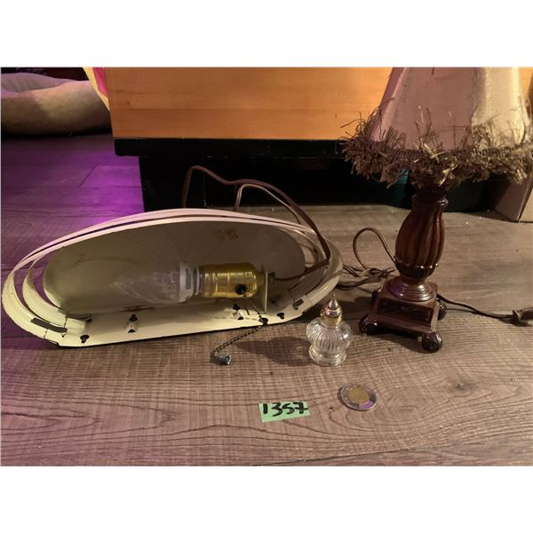 1940 wall mount lamp white with highlights- in good condition . small dark wood lamp with fringed sh