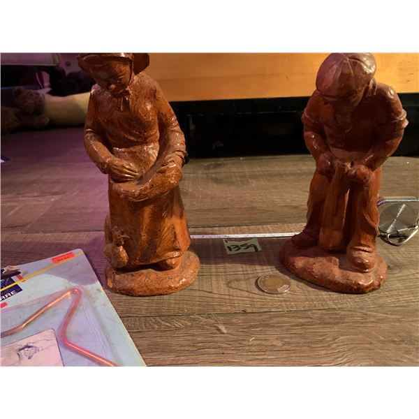high end old man and old woman clay sculptures artisan signed.