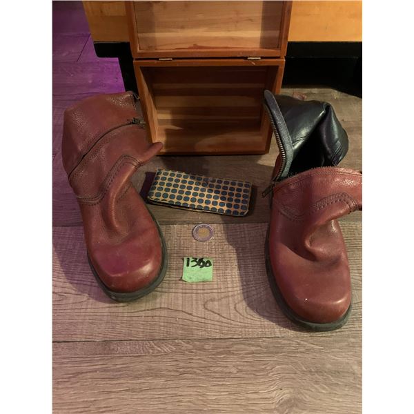 1960 leather boots, cedar box and comb/mirror set
