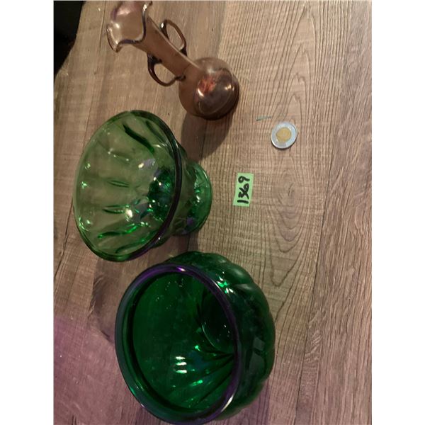 1960 green cut glass bowls- small rose coloured glass vase five inches