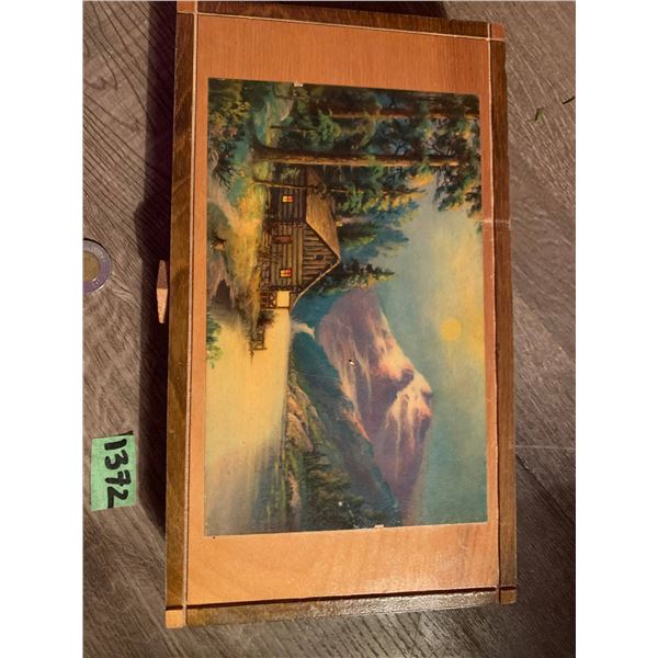 Vintage wooden box with cabin scene on front- box has some wear on the inside but is in excellent co