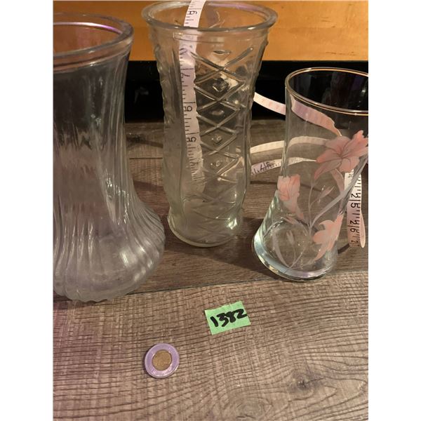three large glass vases -2 clear and one hand painted