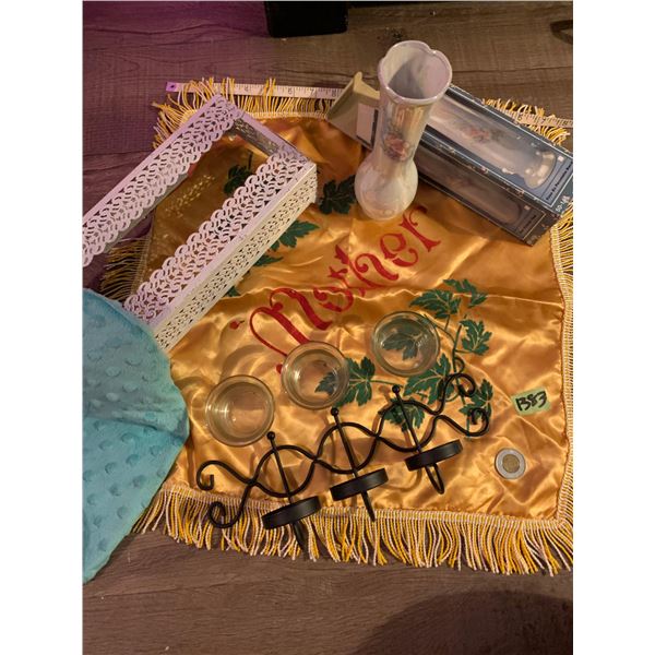 silk mother banner, candle holder,irridecent vase (new in box)tissue holder and neck wrap(new)