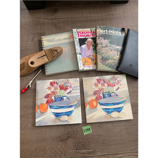 Two decorative tiles - garden books leather folder and one show form
