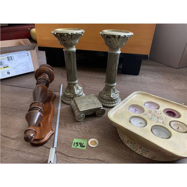 Candle holders - large pillars . Wood wall scone and six tea light holder - in good to excellent con