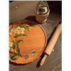 Image 1 : Pale wood scandi design platter, rolling pin, covered wine bottle