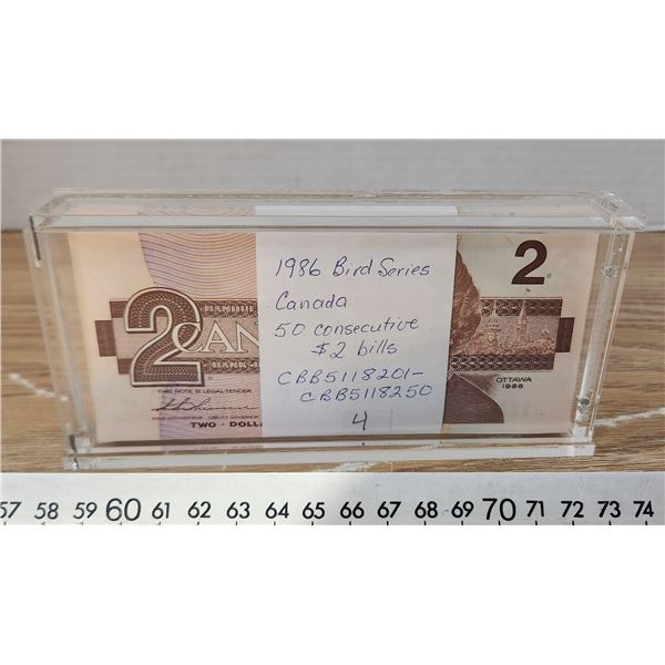 1986 Bird Series, 50 Consecutive 2.00 Bills + Holder