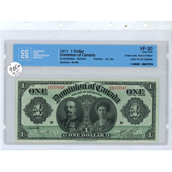 1911 Chartered Note - $1.00 - VF-30 Dominion Canada