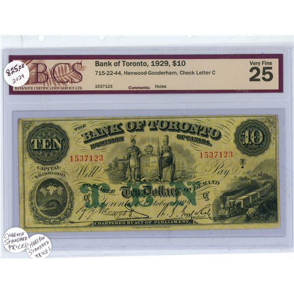 1929 $10.00 - VF-25 - Bank of Toronto