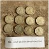 Image 1 : lot of 10 silver dimes from 1954