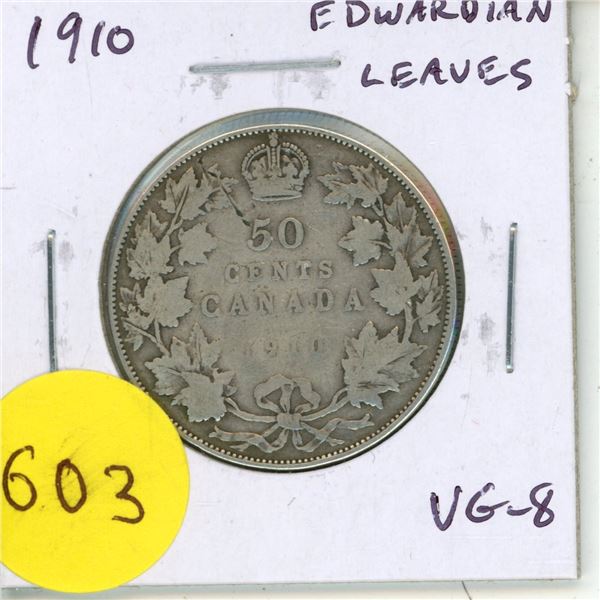 1910 Edwardian Leaves Silver 50 Cents. VG-8.
