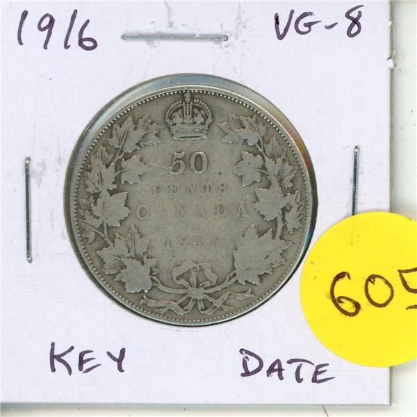 1916 Canadian Silver 50 cents. Key Date. VG-8.