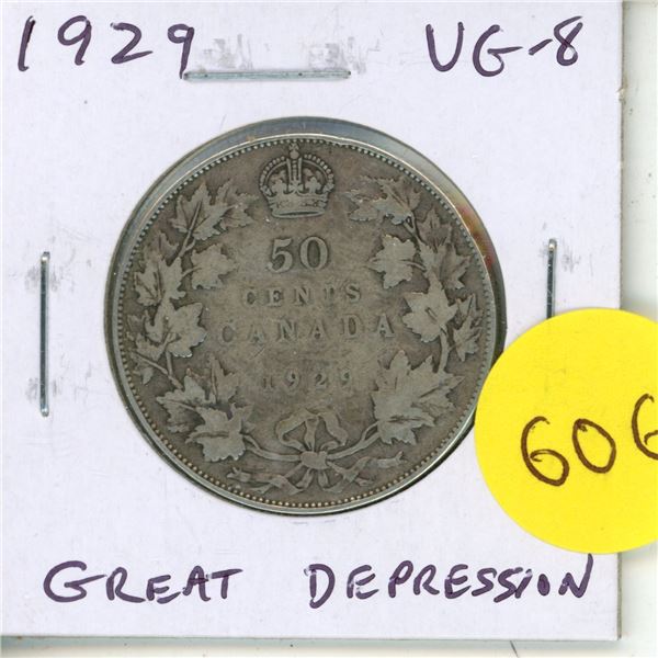 1929 Canadian Silver 50 Cents. Issued during the first year of the Great Depression. VG-8.