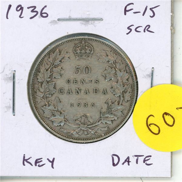 1936 Canadian Silver 50 Cents. Last issue of King George V. Key Date. F-15. Obverse Scratch.