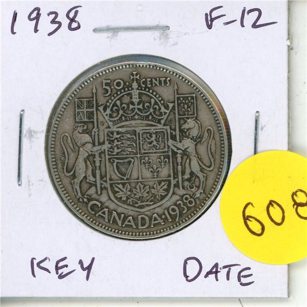 1938 Canadian Silver 50 Cents. F-12. Key Date.