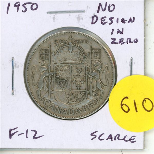 1950 No Design in Zero Canadian Silver 50 Cents. F-12. Scarce.