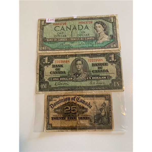 Lot of 3 vcanadian bills- (1x1900 dominion of canada shinplaster, 1937 and 1954 $1 bills
