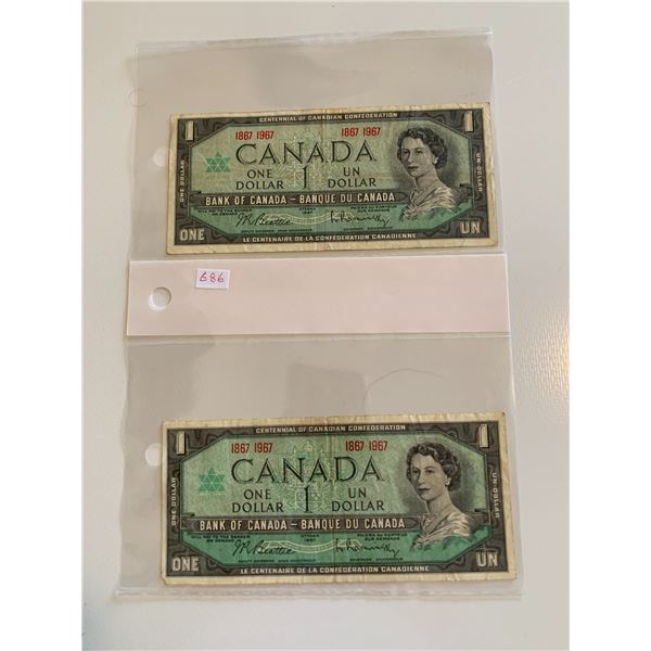 Pair of 1867 1967 canadian $1 bills