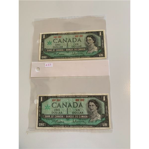 Pair of 1867 1967 canadian $1 bills