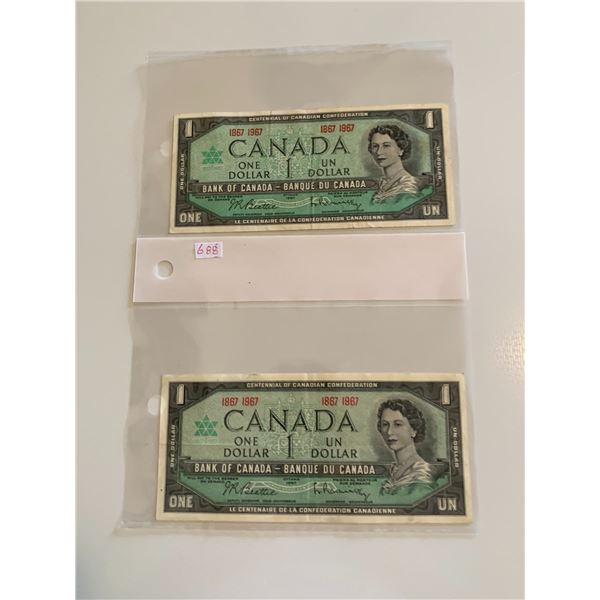 Pair of 1867 1967 canadian $1 bills
