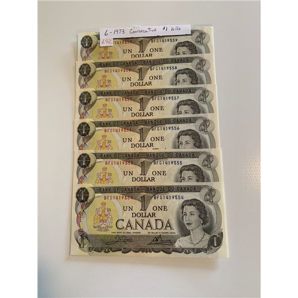 lot of 6x1973 canadian $1 bills-consecutive
