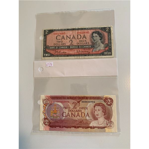 Lot of 2(1954 and 1974) canadian $2 bills