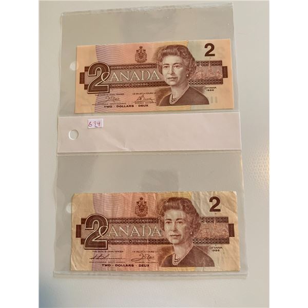 Pair of 1986 canadian $2 bills
