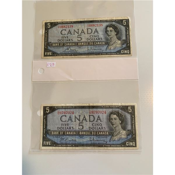 Pair of 1954 canadian $5 bills