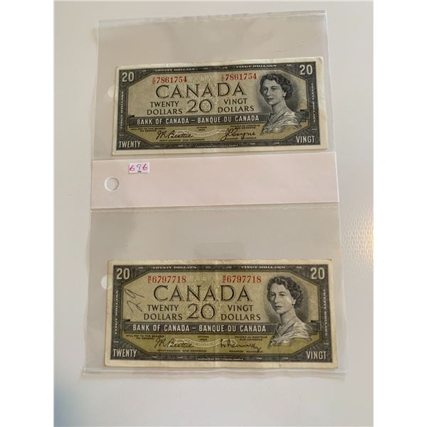 Pair of 1954 canadian $20 bills