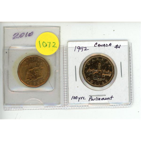 Lot of 2 Canada Loon Anniversary Dollars:  1992 Parliament & 2010 Saskatchewan Roughriders