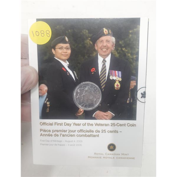 2005 Canada UNC 25¢ First Day Mintage Year of the Veteran Coin, sealed