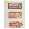 Image 1 : 3 Canada $2 Bills: 1954  Bouey/Rasminsky (#K/G7763153), 1974 Crow/Bouey (#ARA9596841), 1986 Bonin/Th