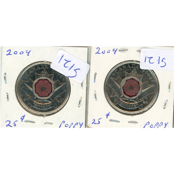 2X 2004 Canadian 25 Cent Coins Remembrance Day Poppies