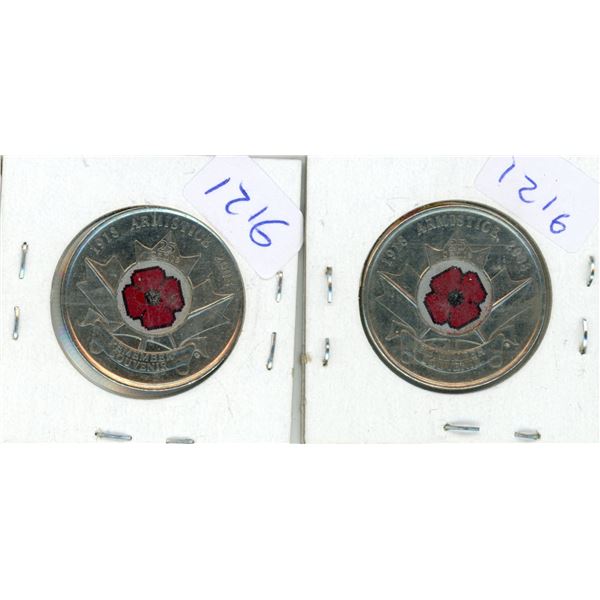 2X 2008 Canadian 25 Cent Coins Armstice Poppies